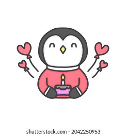 cute little penguin with birthday cake cartoon, illustration for stickers and t shirt.