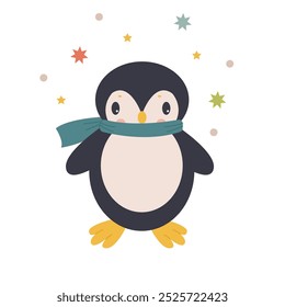 cute little penguin in a blue scarf celebrates the new year