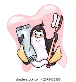 A Cute Little Penguin Is Brushing His Teeth. Cartoon. Prevention Of Health And Hygiene Of Children. Vector Illustration.