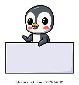 Cute little penguin cartoon with blank sign