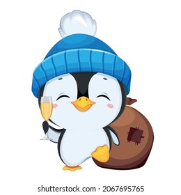 Cute little penguin cartoon character. Funny penguin in blue hat holding a glass of champagne