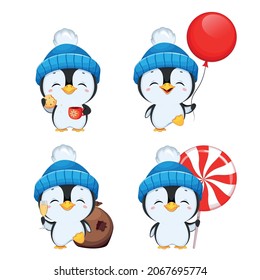 Cute little penguin cartoon character, set of four poses. Funny penguin in blue hat