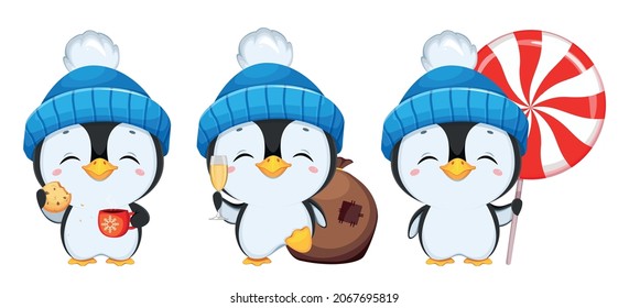Cute little penguin cartoon character, set of three poses. Funny penguin in blue hat