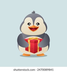Cute little penguin character with a happy smile is holding a gift box