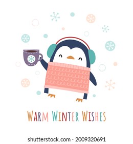 Cute little penguin character wearing sweater and earmuffs, holding mug with smile. Winter holiday greeting card design with cute penguin and snowflakes.