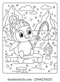 Cute little penguin. Coloring book for children. Vector black and white illustration.
