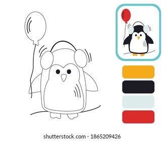 Cute little penguin. Coloring by example. Educational illustration for the development of kids. Coloring book for children. Vector illustration isolated on white background.