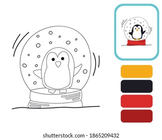 Cute little penguin. Coloring by example. Educational illustration for the development of kids. Coloring book for children. Vector illustration isolated on white background.