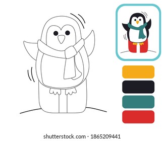 Cute little penguin. Coloring by example. Educational illustration for the development of kids. Coloring book for children. Vector illustration isolated on white background.