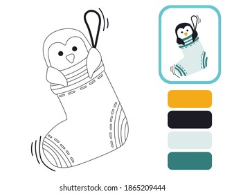 Cute little penguin. Coloring by example. Educational illustration for the development of kids. Coloring book for children. Vector illustration isolated on white background.