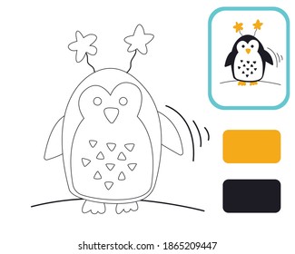 Cute little penguin. Coloring by example. Educational illustration for the development of kids. Coloring book for children. Vector illustration isolated on white background.