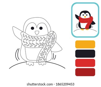 Cute little penguin. Coloring by example. Educational illustration for the development of kids. Coloring book for children. Vector illustration isolated on white background.