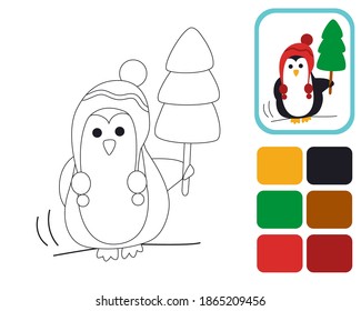 Cute little penguin. Coloring by example. Educational illustration for the development of kids. Coloring book for children. Vector illustration isolated on white background.