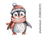 Cute little penguin in a cozy winter hat and scarf. Perfect for winter-themed designs, Christmas cards, holiday decorations, children's illustrations with playful touch. Penguin in red hat and scarf