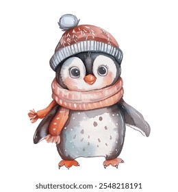 Pequeno pinguim bonito em um chapéu de inverno acolhedor e cachecol. Perfeito para designs com tema de inverno, cartões de Natal, decorações de férias, ilustrações para crianças com toque divertido. Pinguim com chapéu vermelho e cachecol