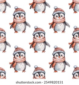 Cute little penguin in a cozy winter hat and scarf. Vector seamless pattern. Perfect for winter-themed designs, Christmas cards, holiday decorations, children's illustration. Penguin in red hat, scarf