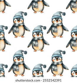 Cute little penguin in a cozy winter hat and scarf. Vector seamless pattern. Perfect for winter themed designs, Christmas cards, children's illustration. Penguin in blue hat and scarf