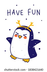 Cute little penguin with deer horns isolated on white background - cartoon character for funny Christmas and New Year winter greeting card and poster design