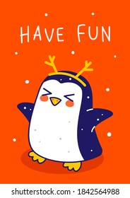 Cute little penguin with deer horns on red background - cartoon character for funny Christmas and New Year winter greeting card and poster design
