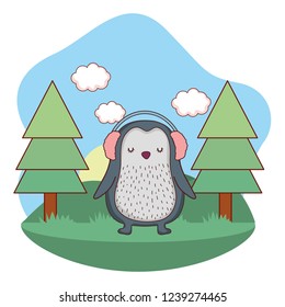 cute little penguin with earphones in the park