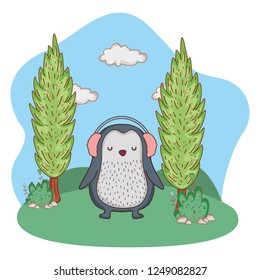cute little penguin with earphones in the park