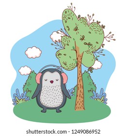 cute little penguin with earphones in the park