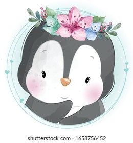 Cute little penguin with floral portrait