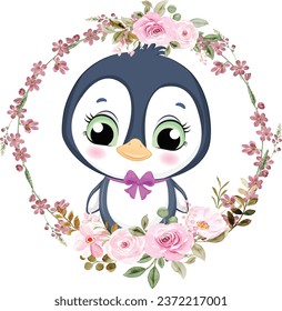 Cute Little Penguin with flower wreath