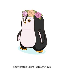 A cute little penguin with flowers looks straight ahead. Children's vector illustration, character