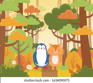 cute little penguin and fox forest nature landscape vector illustration