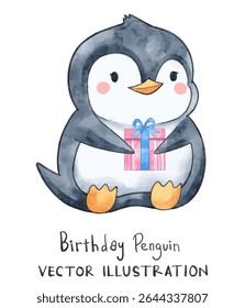 Pequeno Pinguim bonito com caixa de presente. Vetor aquarela perfeito para projeto de aniversário e design de cartões de saudação.