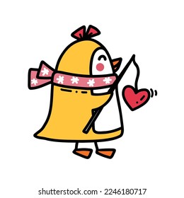 Cute little penguin girl caught a red heart while fishing. Funny childish illustration for stickers, greeting cards, baby textiles. Vector art hand drawn in doodle style