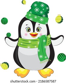 Cute little penguin with green hat,scarf and Christmas balls.Cartoon style hand drawn vector illustration.
