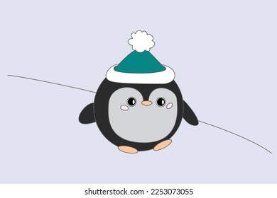 Cute little penguin in a hat on a slide