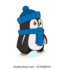 Cute little penguin with a hat and scarf looks straight ahead. Children's vector illustration, character