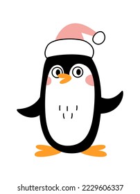 Cute little penguin in a hat. Vector doodle flat illustration