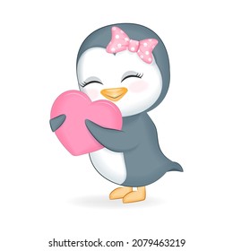 Cute little Penguin and heart hand drawn illustration