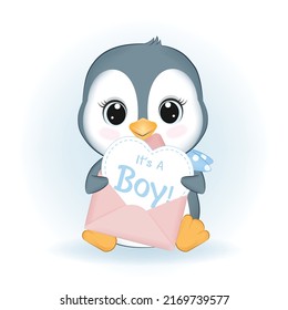 Cute Little Penguin and Heart in Letter animal cartoon illustration