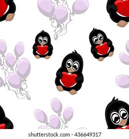 Cute little penguin with a heart. Pattern of balloons. Vector illustration 