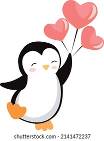 cute little penguin with heart shaped balloons, gift card