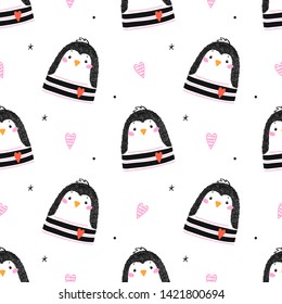 Cute Little Penguin with Hearts and Stars Vector Illustration for Kids. Seamless Childish Pattern with Kawaii Polar Sea Bird. Print for Nursery Wallpaper, Baby Shower, Birthday