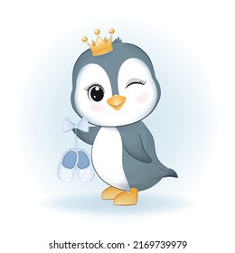 Cute little Penguin holding baby shoes animal cartoon illustration