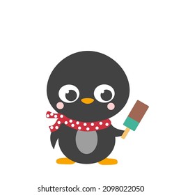 Cute little penguin holding chocolate ice cream. Christmas cute character. Merry Christmas. Vector illustration. Greeting card, sticker or banner.
