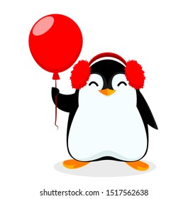 Cute little penguin holds red balloon. Funny penguin cartoon character. Vector illustration on white background.