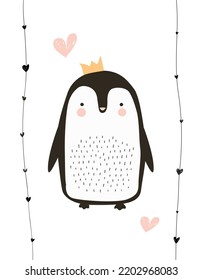 Cute little penguin illustration in modern nordic style. Nursery room decor. Wall art print. 