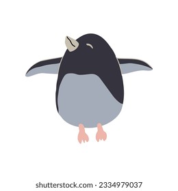 Cute little penguin jumping and trying to fly. Cartoon baby penguin having fun in winter. Arctic animal vector illustration.
