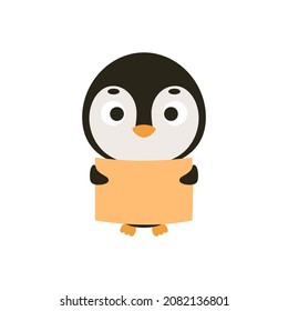 Cute little penguin keep paper sheet on white background. Cartoon animal character for kids cards, baby shower, invitation, poster, t-shirt composition, house interior. Vector stock illustration.