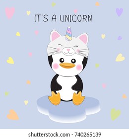 Cute little penguin in a kitten unicorn  hat on white background with hearts. Graphics for t-shirts. Greeting card. Vector illustration.