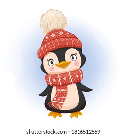 Cute little Penguin in a knitted hat. 
Cartoon vector illustration, nursery print, character design for baby room, greeting cards, kids t-shirts.