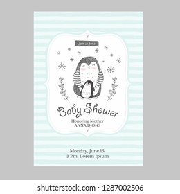 Cute little penguin  with mother baby shower card. Hand drawn cartoon print template design.